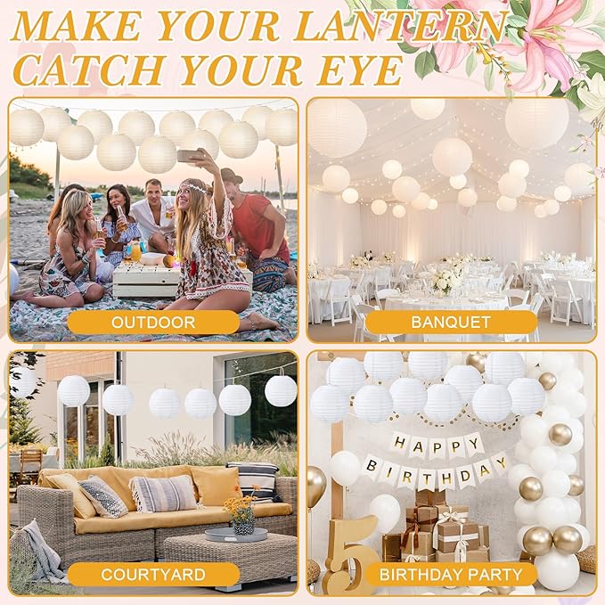 Treela 48 Pack White Chinese Japanese Paper Lanterns Decorative Hanging Ball Round Paper Lantern Lamps for Wedding Birthday Party Home Decorations (8 Inch)
