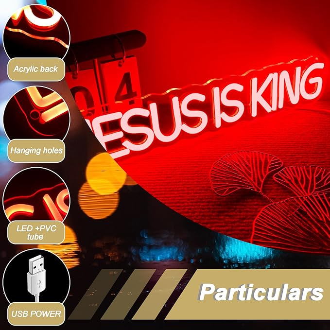 Mutank Jesus is King Neon Sign, Christian Neon Light USB Powered Dimmable LED, for Easter Church Religious Bible Verse Church God Christian Faith Based Sign Inspirational Christian Gifts(15.7*3.1 In)
