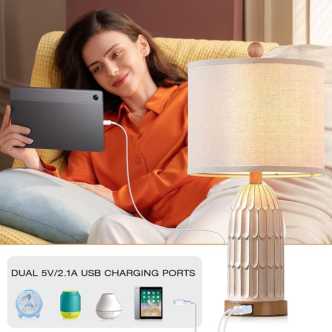 Farmhouse Table Lamps Set of 2,Nightstand Bedside Lamps for Bedroom | 3-Way Dimmable Touch Control,2 USB Charging Ports,Boho,White, Vintage, LED Bulbs Included, Living Room,End Table