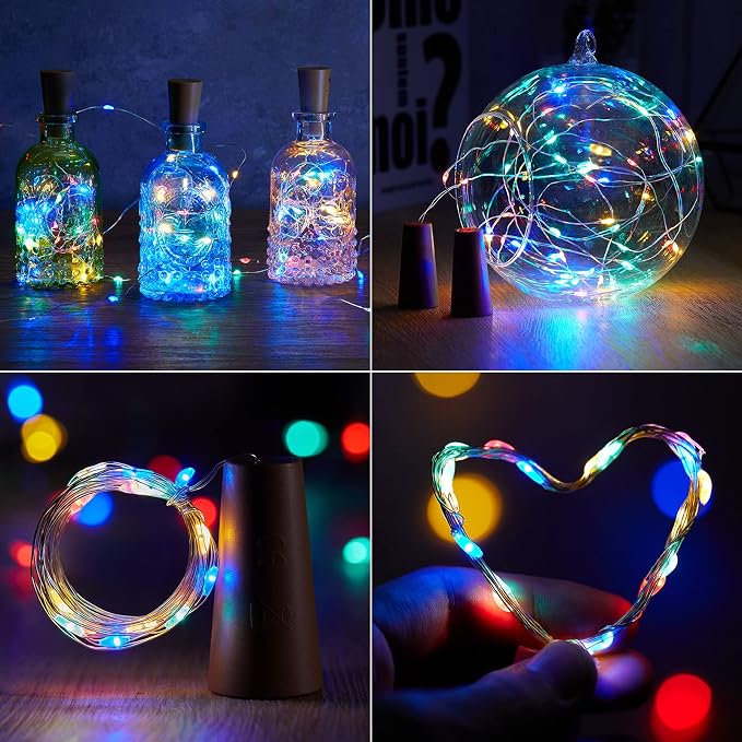 Brightown 10 Pack Wine Bottle Lights with Cork, Multicolor | 20 LED on 7ft Silver Wire, Waterproof, Battery Operated, Great for Liquor Bottles DIY Party Christmas Wedding Décor