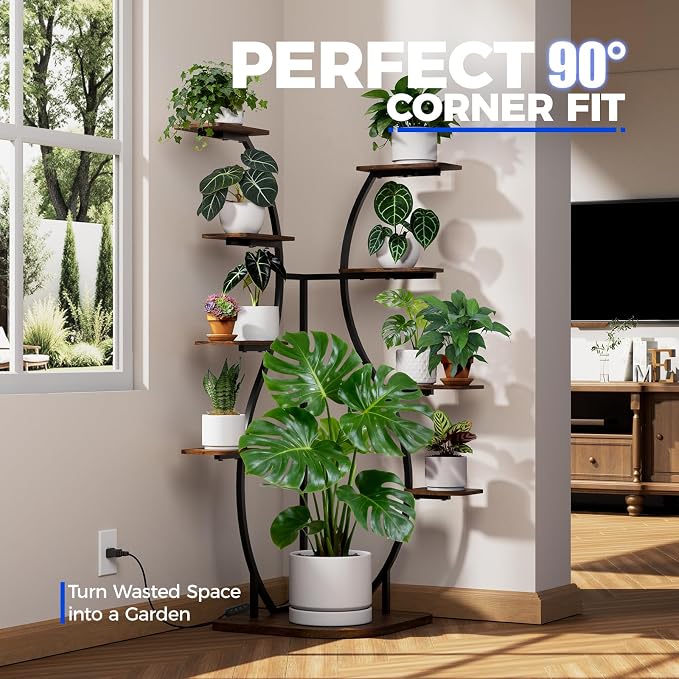 Barrina LS12 Corner Plant Stand with Grow Lights, 9-Tier, Full Spectrum | 62.2" Tall Plant Shelf, Warm T5 Grow Light, Timer, S-Shape Corner Flower Holder for Living Room, Home Decor, Gardening