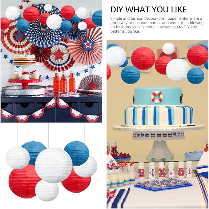 20Pcs Red Royal Blue White Paper Lanterns for Parties, 6” 8” 10” 12” Chinese Asian Hanging Round Paper Lanterns for 4 of July, Independence Day Home Decor Party Decor