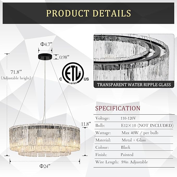 Modern Crystal Glass Round Chandelier 24”Black Chandeliers 10-Light Drum Pendant Ceiling Light Fixtures Luxury 2 Tiers Hanging Lighting for Dining Room Foyer Living Room Bedroom