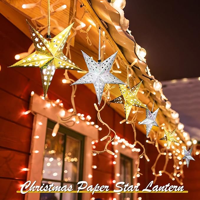 Zhanmai 10 Pcs Large 3D Paper Star Lantern with 10 LED Lights 11.8 Inch 5 Point Hollow Hanging Paper Star Lampshade Decoration Light Lanterns for Wedding Birthday New Year Party Home Decor