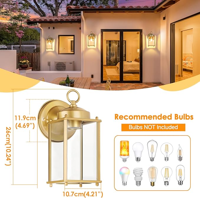 Large Outdoor Wall Lantern, Exterior Waterproof Wall Sconce Light Fixtures, Gold Front Door Lighting with Clear Beveled Glass, Anti-Rust E26 Socket Porch Lamp, 2 Pack