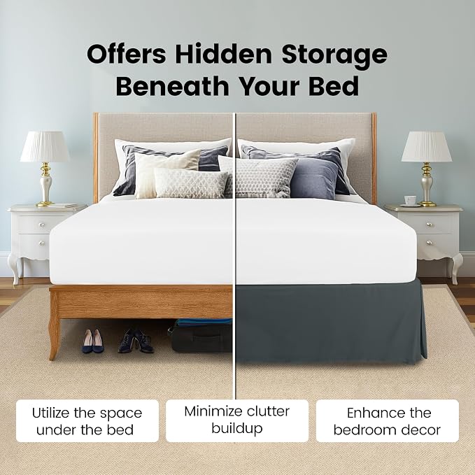 Queen Bed Skirt, Hides Under-Bed Storage 16 Inch Drop, Pleated, Grey | Easy Fit Design, Shrinkage & Fade Resistant, Hotel Style, Microfiber Durable Fabric, Machine Washable
