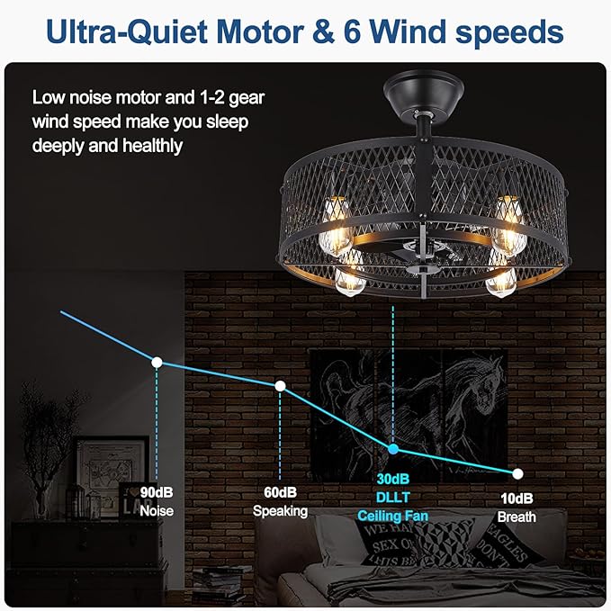 DLLT Caged Ceiling Fan with Light: 20" Farmhouse Fandelier with Lights and Remote & APP - Black Rustic Semi Flush Mount Bladeless Ceiling Fans Enclosed Fan for Bedroon Kitchen Living Dining Room