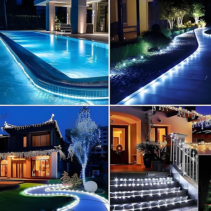 Solar Rope Lights Outdoor Waterproof, 66 Feet 200 LED 8 Modes Fairy Lights String Light, Cool White Tube Light with Solar Panel for Outside Garden Yard Patio Decoration