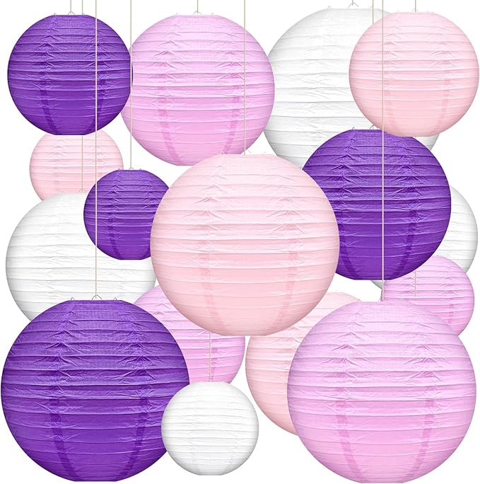 16 Pcs Paper Lanterns Hanging Round Purple Paper Lantern Decorative 6" 8” 10”12" Four Colors Chinese Lanterns for Birthday Wedding Party Decoration Baby Showers Valentine Indoor Outdoor
