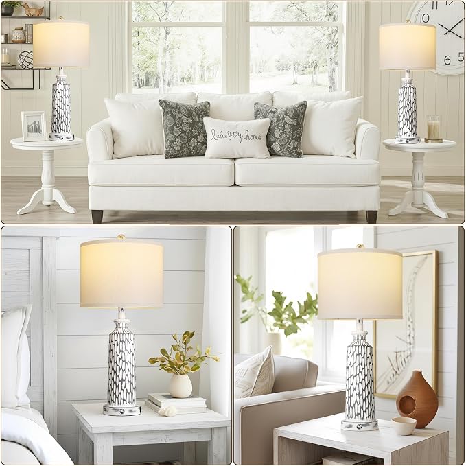 QiMH 26" Table Lamps Set of 2, Modern Bedside Lamps with USB A+C Ports, 3-Way Dimmable Touch Control & White Shade, Coastal White Gray Nightstand Lamp for Living Room Bedroom, Included 2700K LED Bulbs | USB A+C Ports, 3-Way Dimmable Touch Control, Line...