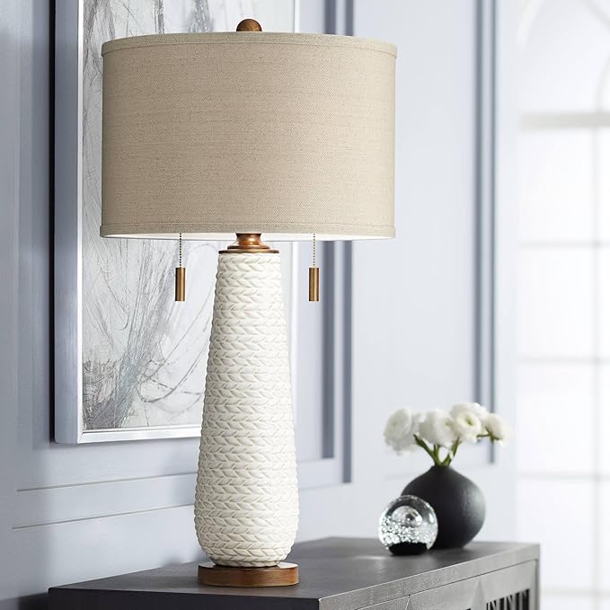 Possini Euro Design Kingston Mid Century Modern 3-Way Table Lamp 32 3/4" Tall with USB Charging Port White Ceramic Taupe Drum Shade for Bedroom Living Room Nightstand Bedside Night Stand Office
