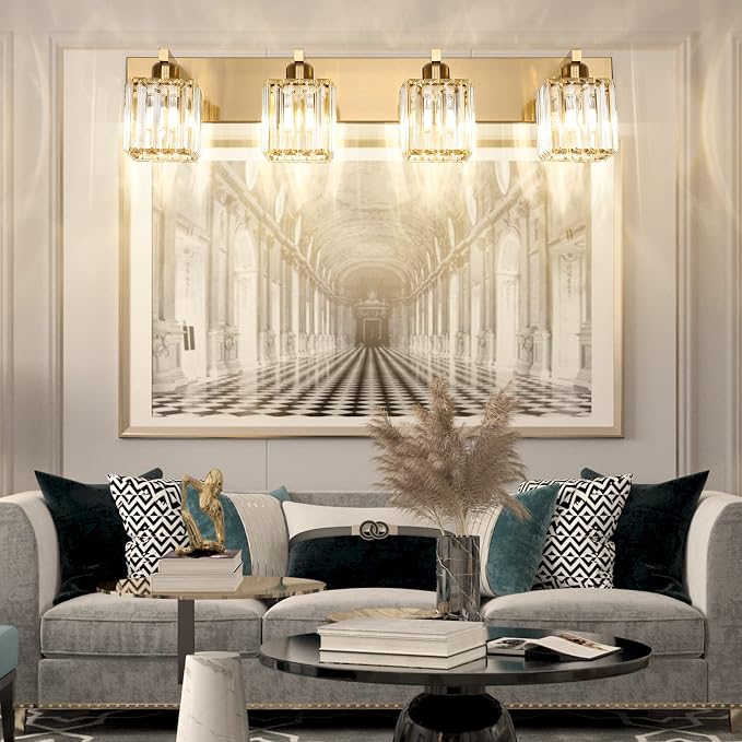 Aipsun Bathroom Lighting Fixtures Modern Crystal Vanity Light Brass 4 Light Bathroom Vanity Light (Exclude Bulb)