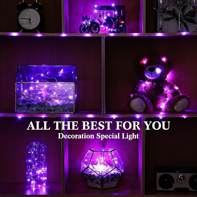 100 Packs Fairy Lights Battery Operated 3 Speed Modes, 7 Ft/ 2 M 20 LED Battery String Mini Waterproof Wire Twinkle Lights Bulk for Wedding Party Birthday Vases Decor (Purple Light)