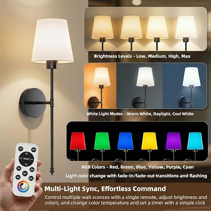 IRONPAX Wall Sconces Battery Operated Set of 2, Wireless Rechargeable Wall Sconce Set of Two, Dimmable Wall Lights with Remote for Bedroom Living Room Hallway Decor (Black, Fabric Shade)