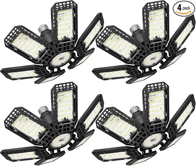 4 Pack Garage Lights, 28000LM Super Bright LED Shop Lights with 6+1 Deformable Panels, 6500K Garage Light Ceiling Led, E26/E27 Socket Screw in Bulb for Warehouse, Workshop, Basement, Attic