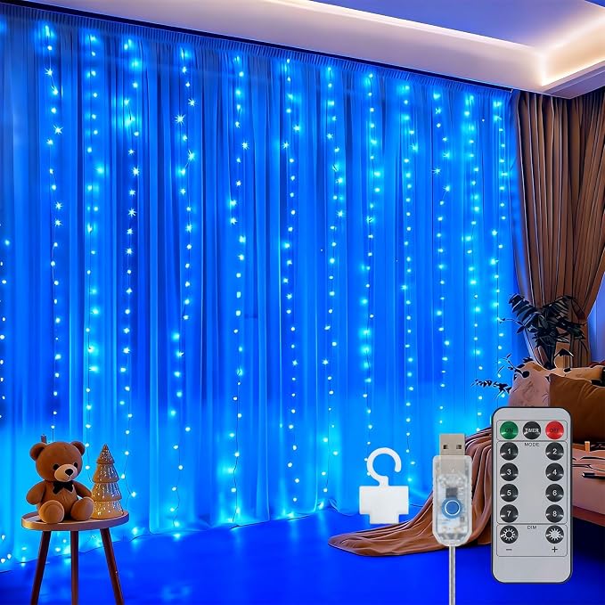 300LED Fairy Curtain Lights 9.8ft x 9.8ft LED Dimmable Twinkle Lights | with Remote and Timer USB Plug in 8 Modes String Lights for Bedroom Indoor Outdoor Party Christmas Decor, Blue