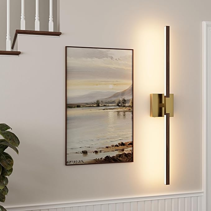 Rayogale Gold & Walnut Battery Operated Wall Sconce with Remote Control | 3000K-6000K Dimmable 8000mAh Wireless Rechargeable Wall Sconces Set of 2 with Timer for Living Room Bedroom Stairwell 32 Inch