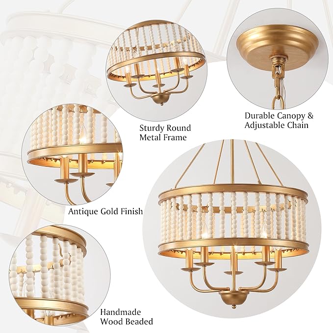Farmhouse Chandeliers for Entryway Dining Room 5-Light Drum Pendant Chandelier Boho Wood Beaded Vintage Handmade Distressed Chandelier Retro Antique Gold Lighting Fixtures Hanging W19.7