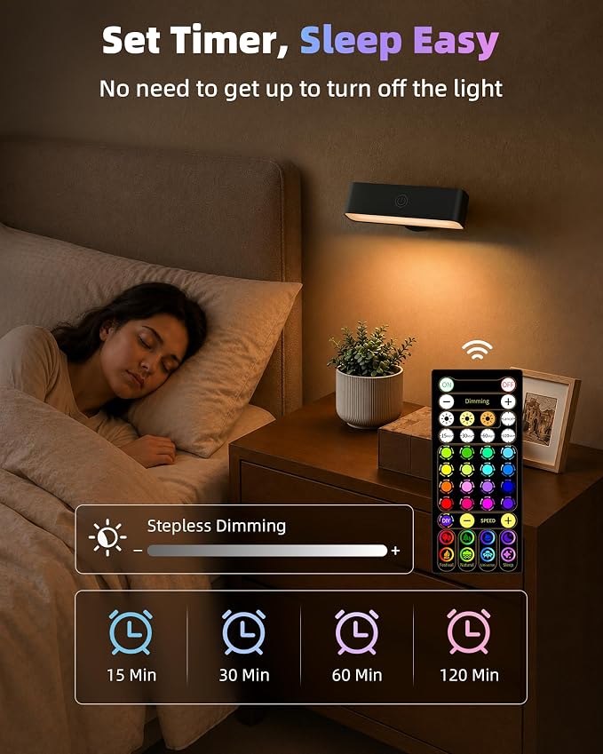 EZVALO Battery Operated Wall Sconce, Rechargeable Magnetic Wall Light with Remote, RGB Mood Lighting & 3 White Tones, Dimmable Wall Lamp for Bedroom, Gaming Room, Apartment Decor