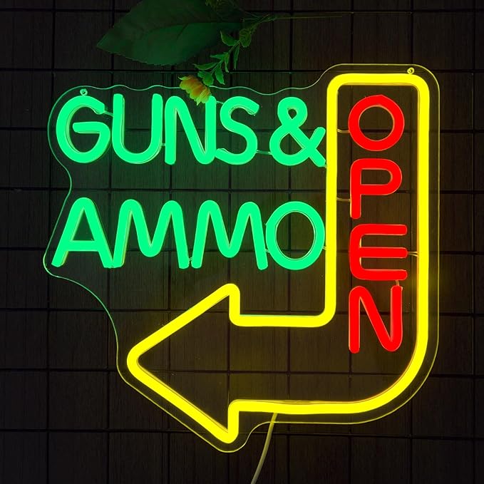 Open Neon Sign - Guns Ammo Store LED Light for Wall Decor Dimmable Gun Signs Lamp for Gun Store, Ammo Shop, Shooting Range Bright Green & Red Lighting for Shop Entrance(12.6 * 12.5inch)