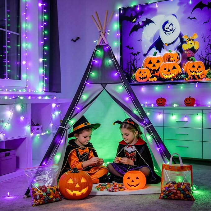 JMEXSUSS 200 LED Purple Green Halloween Lights Indoor Outdoor,Christmas Lights Clear Wire Plug in for Halloween Tree Decorations