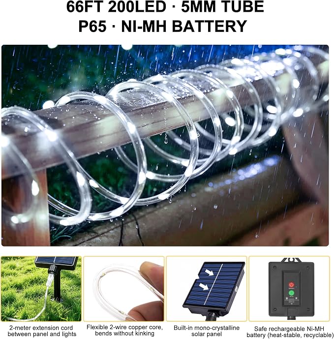 Solar Rope Lights Outdoor Waterproof, 66FT 200 LED Solar String Lights with 8 Lighting Modes,Trampoline Lights, Solar Patio Light for Garden Fence Backyard Deck Porch Pool Tree Christmas Decor