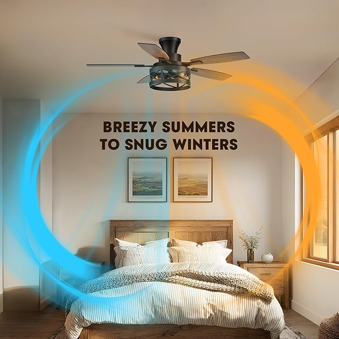 42 Inch Flush Mount Ceiling Fans with Lights and Remote Control, Low Profile Farmhouse Ceiling Fan for Bedroom Living Room and Patio, Black Caged Ceiling Fan for Indoor and Outdoor