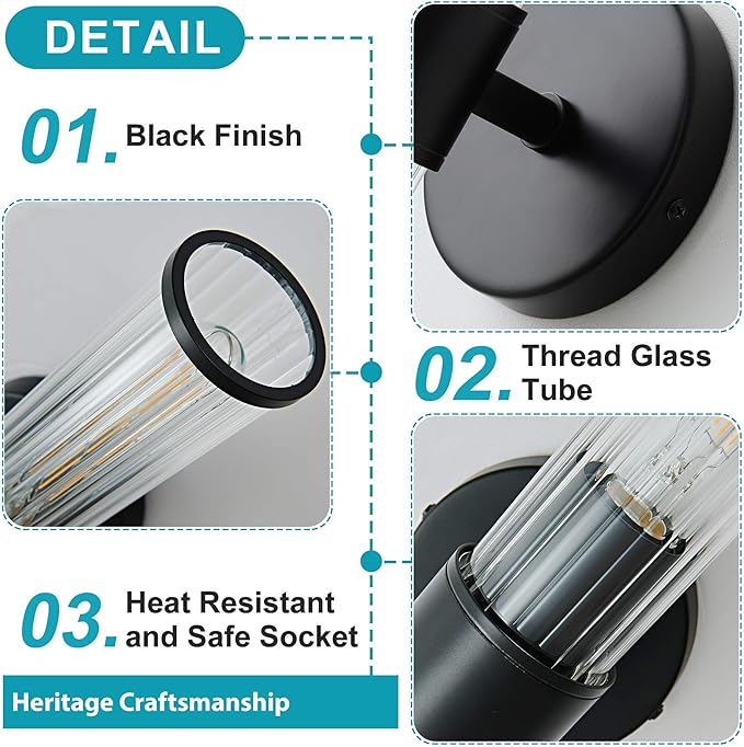 Bathroom Light Fixtures 2 Pack Hardwired, Black Wall Sconce Threaded Glass Vanity Light Featuring Two E26 sockets, Bathroom Wall Light Dimmable - Bulb Not Included, UL Certification