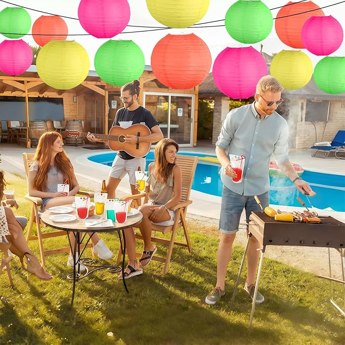 15-Pack Glow in the Dark Party Supplies, Neon Party Decorations | UV-Reactive Colorful Hanging Paper Lanterns for Birthday, Wedding, Baby Shower, Classroom Decor, Bars & Blacklight Events