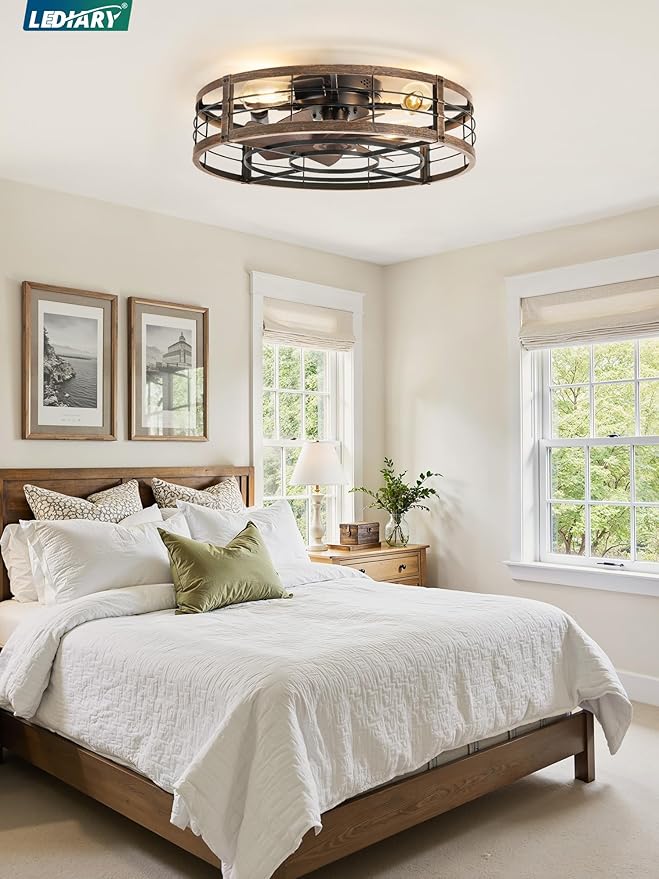 LEDIARY 23" Caged Ceiling Fan with Light and Remote, Low Profile Flush Mount Fandelier, Black Gold Bladeless Enclosed Small Fan Lights Ceiling Fixtures, Rustic Farmhouse Style for Bedroom, Outdoor