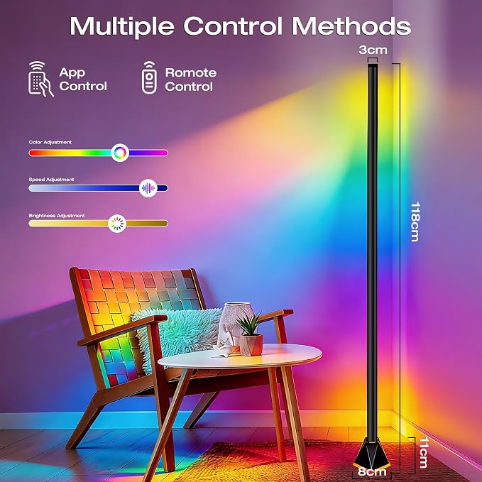 Corner Floor Lamp, Smart RGB LED Corner Lamp with App and Remote Control, Mood Lighting, 16 Million DIY Colors & 68+ Scene, Music Sync, Timer Setting for Living Rooms, Bedrooms, and Gaming Rooms