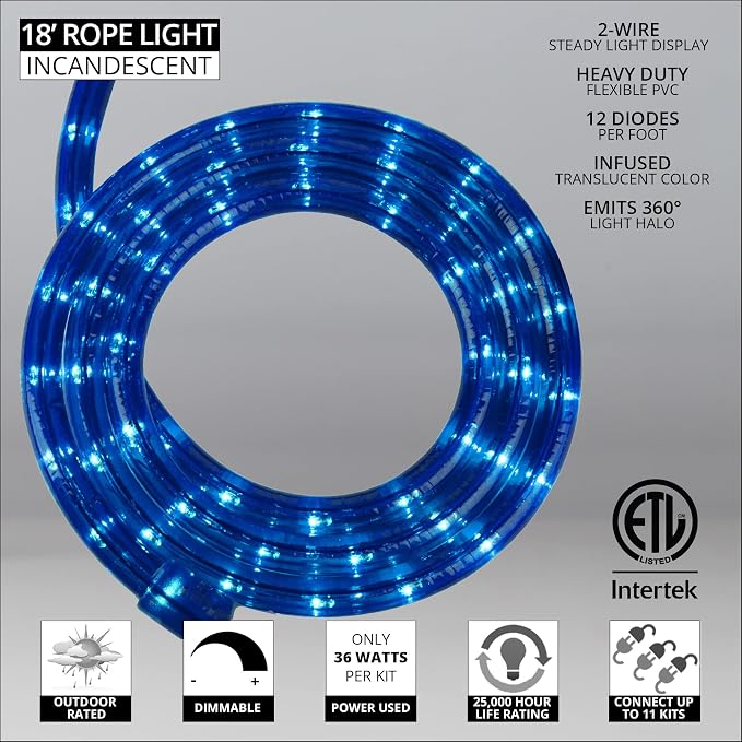Wintergreen Lighting 18' 216-Bulb Commercial Grade Incandescent Blue Rope Light Kit – Light Rope Outdoor, Christmas Light – Includes Clips and Power Cord, 120V, ½ Inch, 2-Wire