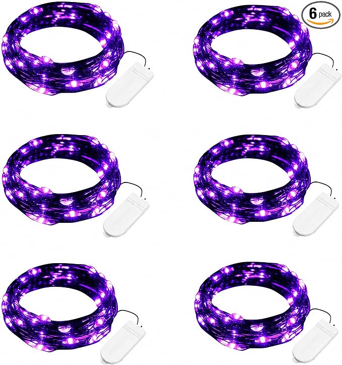 Minetom 6 Pack Purple Fairy Lights for Halloween Decor | 7ft 20 LED, Waterproof Battery Firefly Lights for Halloween Decor, Pumpkin DIY Craft, Paper Lantern Decor