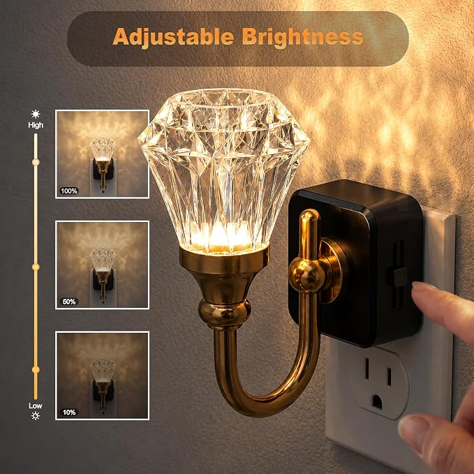JandCase Night Light, Night Lights Plug into Wall, Crystal LED Nightlight | 0-100 LM Dimmable Nightlights, Dusk to Dawn Sensor, 1W Vintage Rotatable Nite Light for Bathroom Hallway Decor, 1 Pack