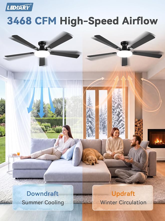 LEDIARY 60 Inch Flush Mount Ceiling Fans with Lights, Remote & APP Control | 3CCT,Stepless Dimmable,Memory Function,Timer,6-speed,Reversible Blade, Quiet DC Motor, Damp-Rated, Living Room, Covered Patio