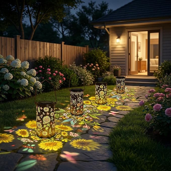 2 Pack Colorful Solar Lanterns Outdoor Waterproof, Garden Decor Gifts for Women Mom Grandma - LED Sunflower and Hummingbird Solar Powered Lights Metal Hanging Lantern for Outside Garden Patio Yard