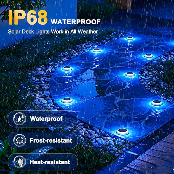 Blue Solar Driveway Lights Outdoor 4 Pack Dock Deck Lights IP68 Waterproof | Solar Powered Deck Lights, Stick on Solar Dock Lights Outdoor for Stair, Patio, Pathway, Yard, Walkway, Sidewalk, Step, Pool