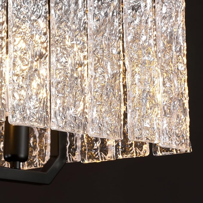 CROSSIO Rectangle Black Crystal Chandeliers for Dining Room, 47inch Large Rectangular Water Ripple Glass Island Light Fixture, Luxury Rectangular Chandelier for Kitchen Island Living Room