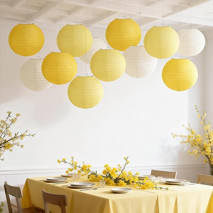 12 Pcs Yellow Paper Lanterns, 10" Hanging Paper Lanterns, Yellow Party Decorations for Engagement Wedding Sunshine Birthday Party Classroom Home Decor