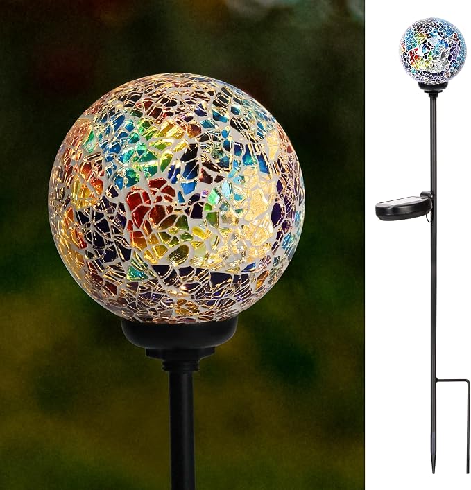 VCUTEKA Decorative Solar Garden Lights, 3.5" Mosaic Globe Outdoor Stake | Mosaic Glass Globe Design, Solar LED Light, Waterproof Design, Auto On/Off and Metal Stake Design for Lawn and Patio