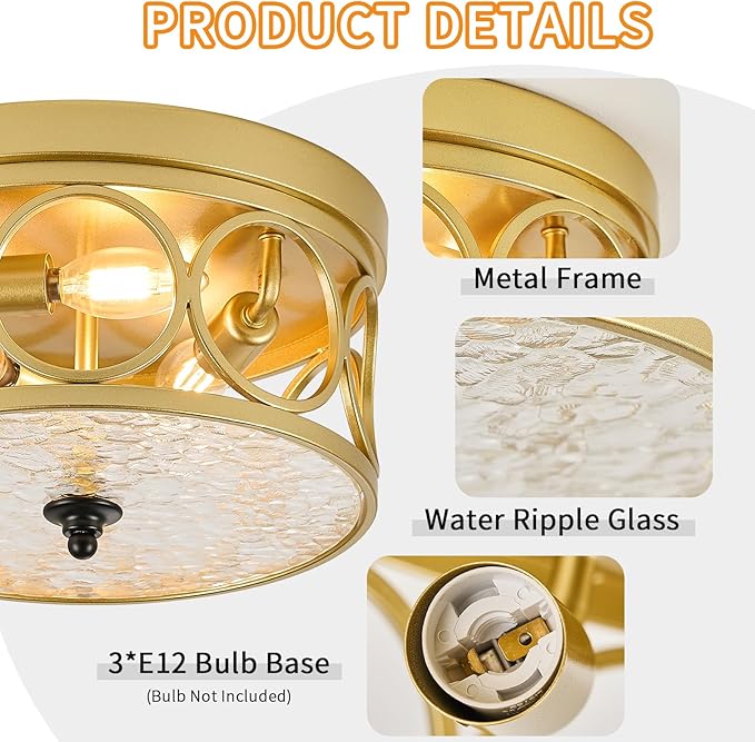 3-Light Flush Mount Ceiling Light Fixtures,11.2in Gold Metal Farmhouse Ceiling Lighting with Clear Glass & E12 Socket,for Kitchen Island, Bedroom, Entryway, Dining Room