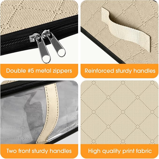 StorageRight Under Bed Storage Bags, 4 Pack, 40L, Beige | Breathable Non-Woven Fabric with a Clear Window and Zippered Top for Clothes, Comforters, Blankets and Seasonal Storage