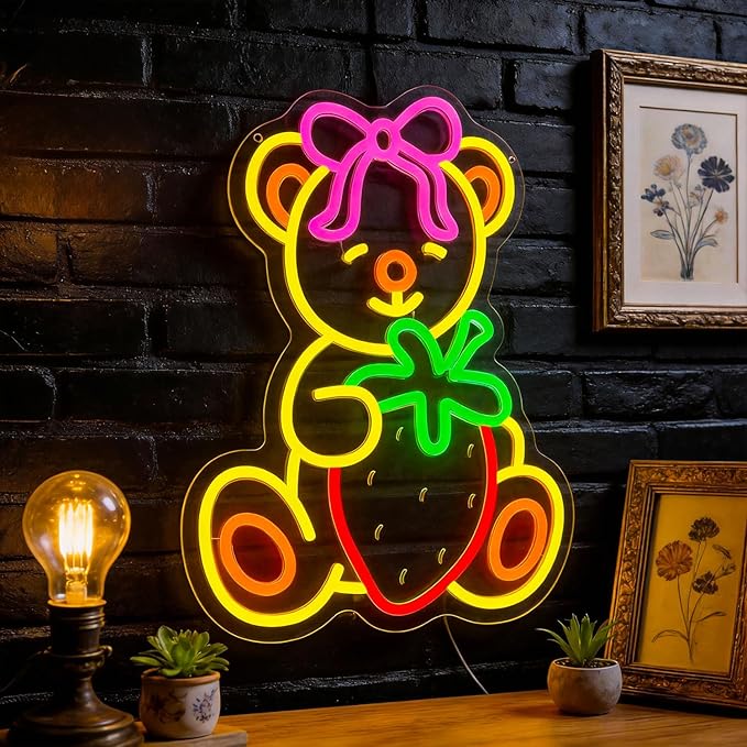 Strawberry Bear Neon Sign Girl Room Decor Led Neon Lights Signs for Wall Decor USB Powered Led for Room Decoration