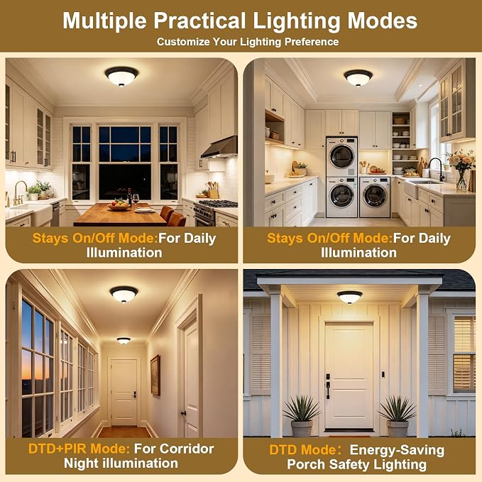 Outdoor Motion Sensor Flush Mount Ceiling Light with 6 Modes and 2 Bulbs | Dusk to Dawn Close to Ceiling Fixture with Remote Control, Suitable for Patio Garage Hallway and Outdoor Porch Lighting