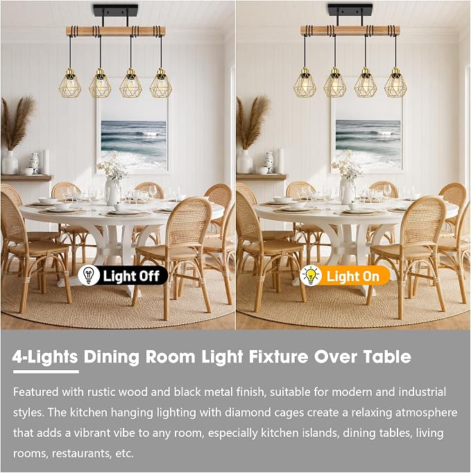 4-Lights Island Lights for Kitchen, Black and Gold Pendant Light Fixtures, Farmhouse Dining Room Light Fixtures Over Table with Metal Shade, Pendant Lighting for Kitchen Island, Living Room