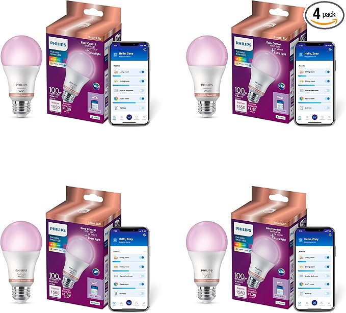 PHILIPS Smart 100W A19 LED Light Bulbs 4-Pack - Connects to Your Wi-Fi - E26 - Control with Voice or App + Activate with Motion - Matter Compatible