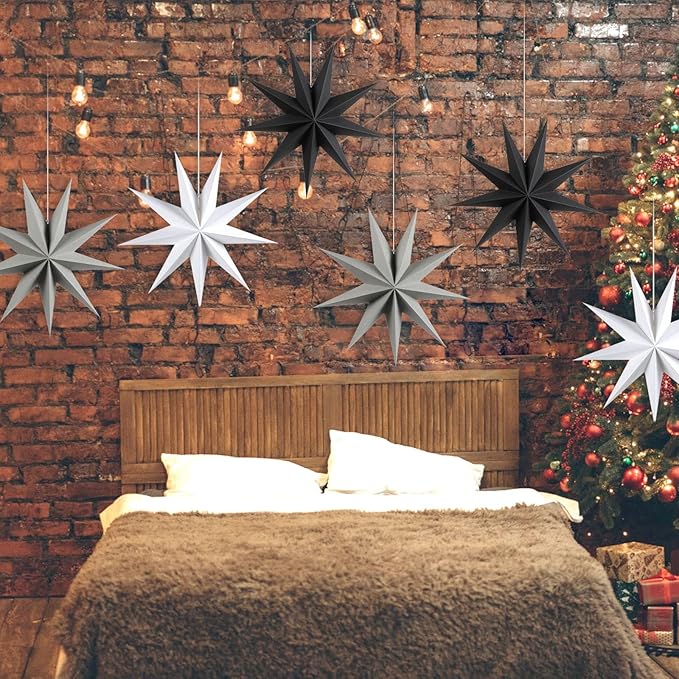 SUNBEAUTY 3 Pcs 9-Pointed Paper Star Lanterns 12 Inch Hanging Lampshade Wedding Birthday Christmas Home New Year Party Decorations