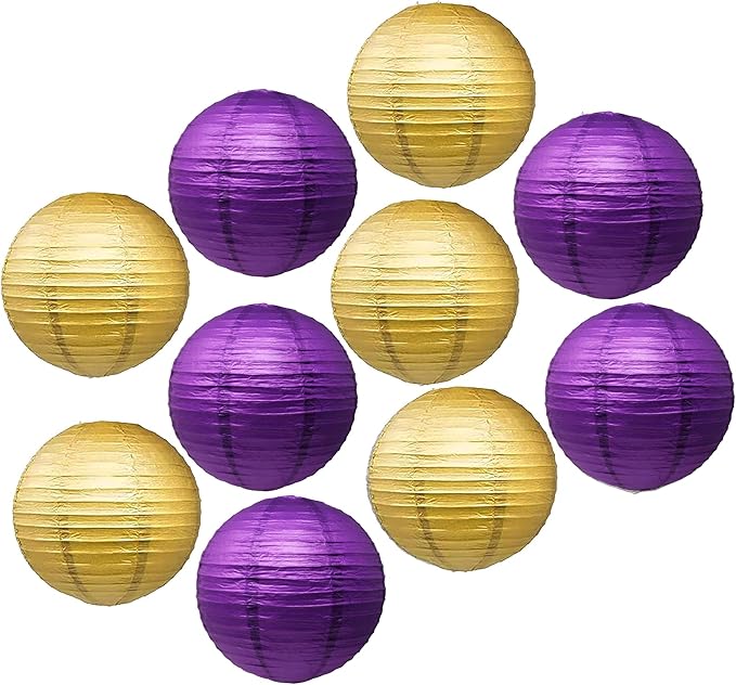 Mudra Crafts Purple and Gold Paper Lanterns Wedding Party Decorations - 12 in 10 Round Hanging Ceiling Lanterns, 10 Pack, Decorative Lamp Shades