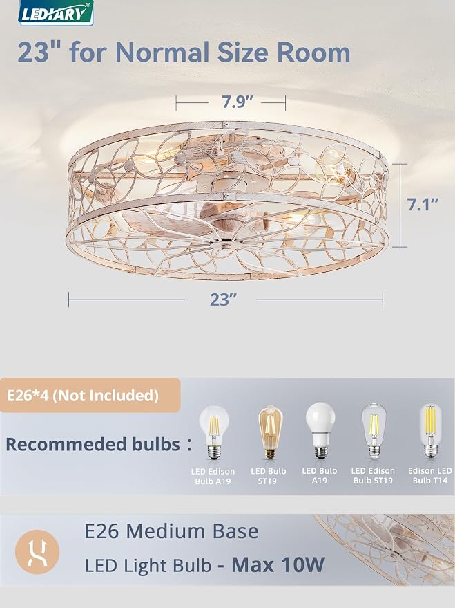 LEDIARY 23" Caged Ceiling Fan with Light, Flush Mount Fandalier with Remote | Low Profile, Farmhouse Large, Bladeless Industrial, Quiet DC Motor, App Control for Bedroom, Kitchen, Dining Room, White Gold