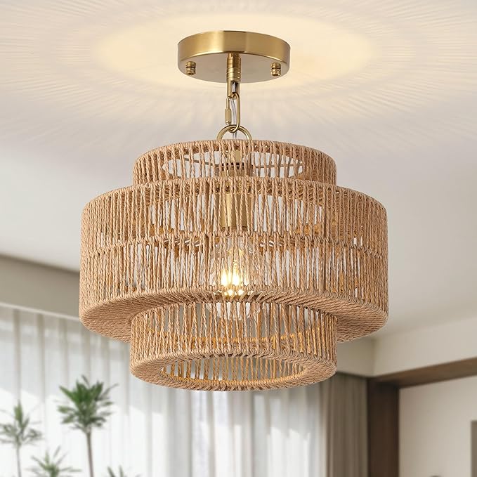 12.4" Large Boho Rattan Farmhouse Chandeliers for Dining Room, Rattan Hand-Woven Rustic Drum Chandelier Pendant Light Fixture for Kitchen Island Bedroom Living Room Entryway Foyer
